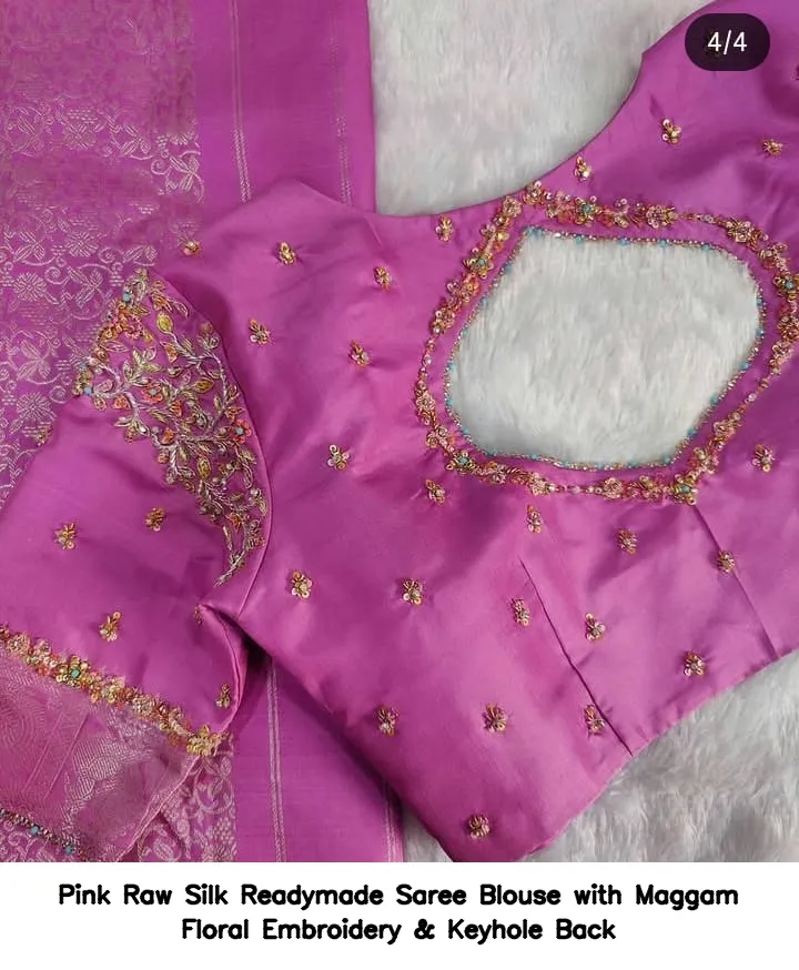 Pink Raw Silk Readymade Saree Blouse with Maggam Floral Embroidery & Keyhole Back 3