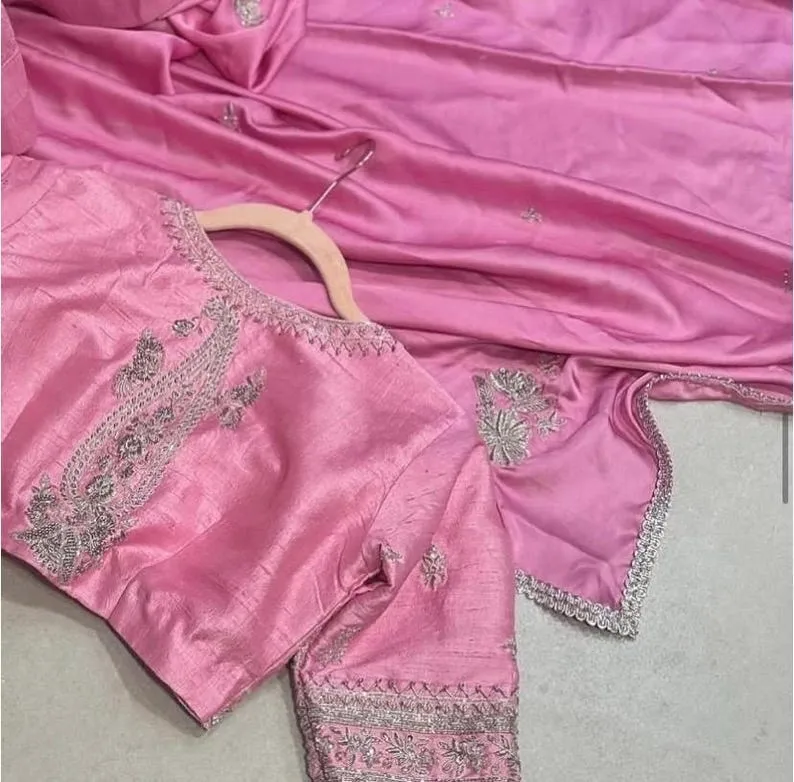 Pink Silk Designer Saree and Blouse Set | Hand-Embroidered Zardosi Work | Traditional Bridal Ethnic Wear