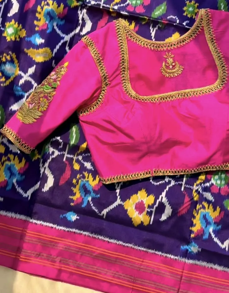 Pink Silk Maggam Work Blouse - Hand Embroidered Square Neck Saree Blouse with Peacock Elbow Sleeves