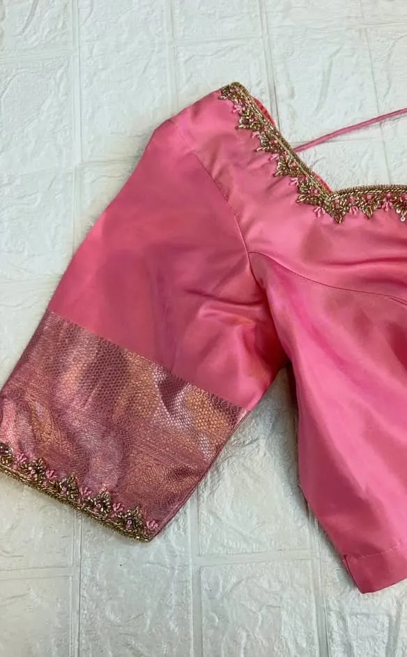 Pink Silk Saree Blouse with Zari Border Sleeves | Delicate Aari Work & French Knot Neckline Blouse | Readymade Bridal Kanchipuram Top