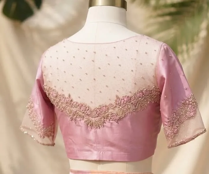 Pink Silk Sheer Net Back Saree Blouse - Pearl Work Scalloped Embroidered Designer Blouse