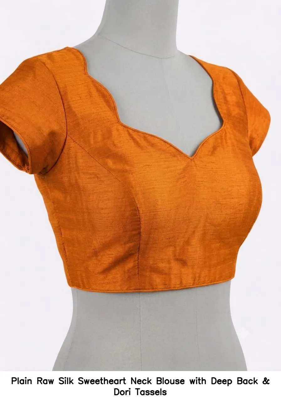 Plain Raw Silk Sweetheart Neck Blouse with Deep Back & Dori Tassels 3