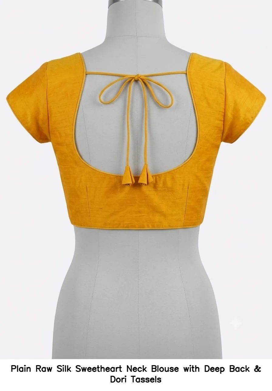 Plain Raw Silk Sweetheart Neck Blouse with Deep Back & Dori Tassels 6