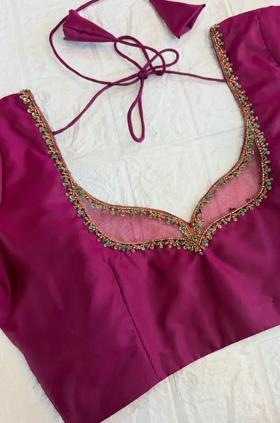 Plum Silk Saree Blouse with Sheer Net Sweetheart Neckline | Green Beadwork Aari Work Blouse | Readymade Zari Sleeve Pattu Blouse