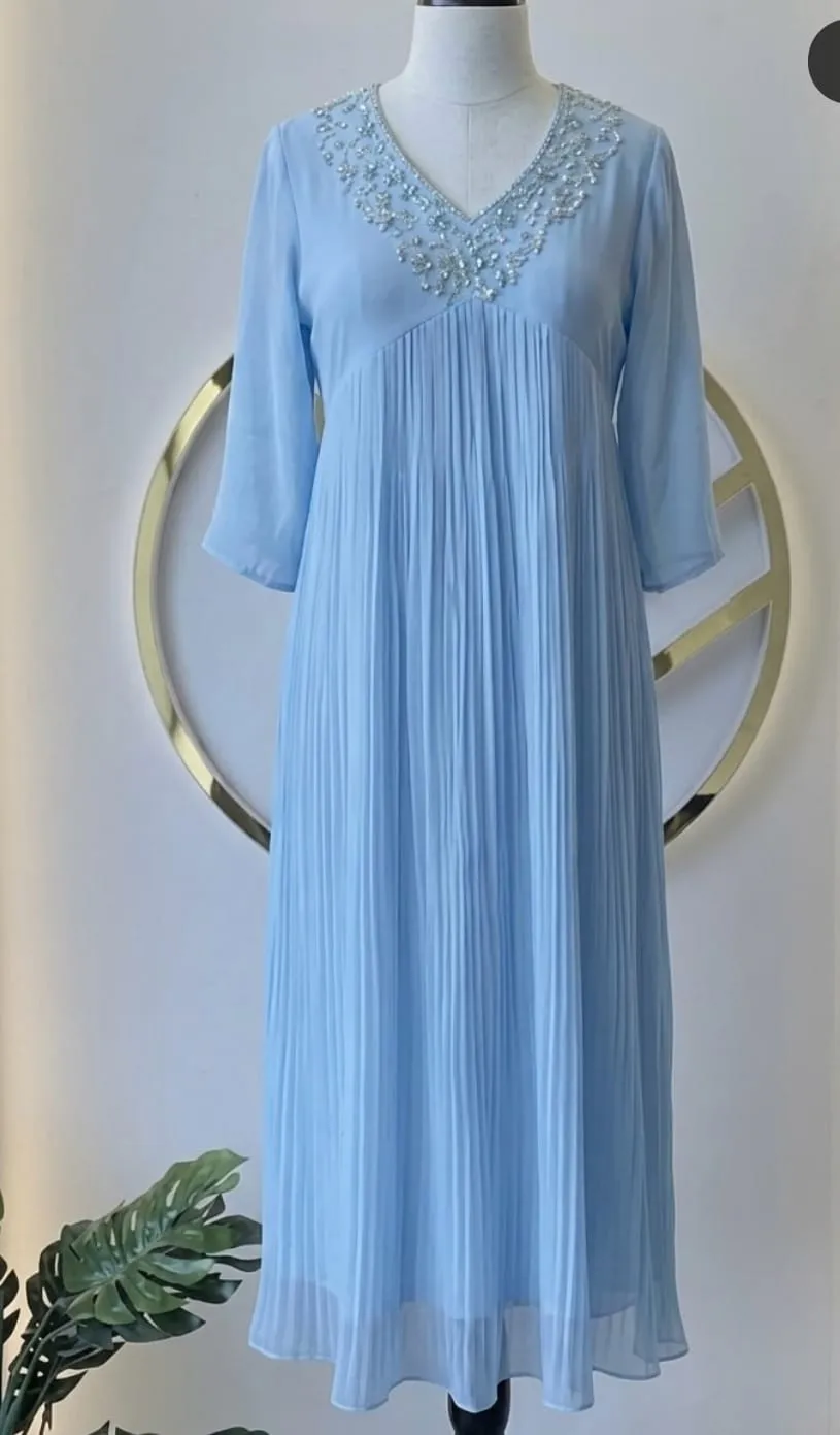 Powder Blue Pleated Georgette Maxi Dress with Embroidered V-Neck