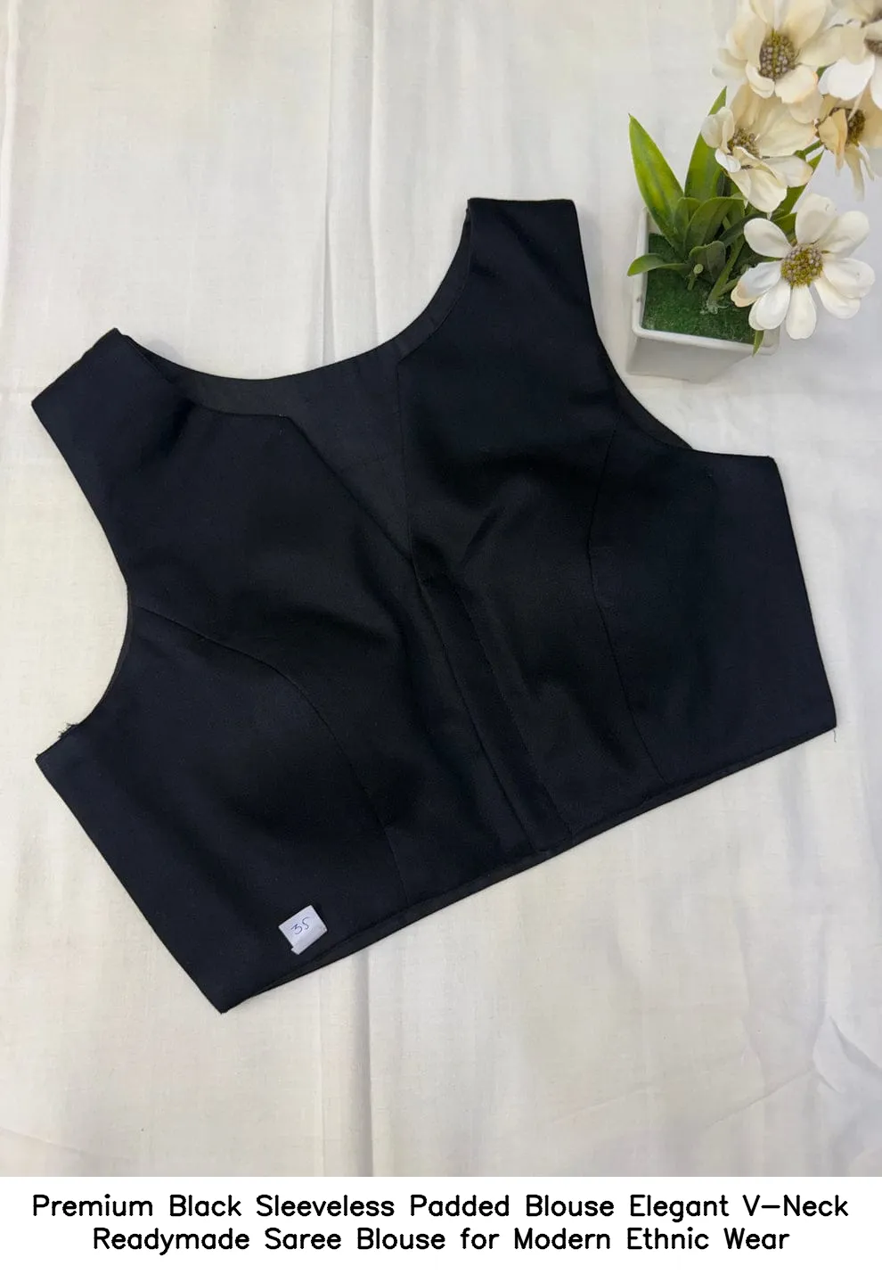 Premium Black Sleeveless Padded Blouse – Elegant V-Neck Readymade Saree Blouse for Modern Ethnic Wear