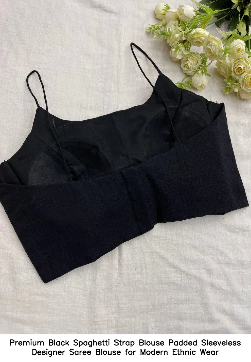 Premium Black Spaghetti Strap Blouse – Padded Sleeveless Designer Saree Blouse for Modern Ethnic Wear