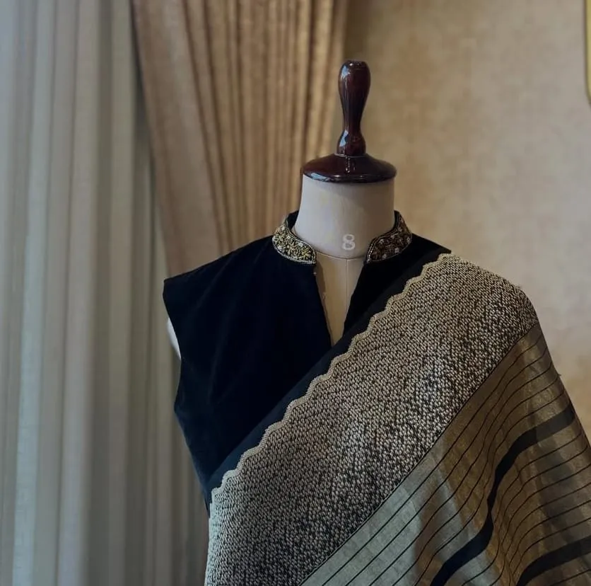 Premium Black Velvet Blouse with Intricate Neck Embroidery | Traditional Hand-Crafted Festive Blouse