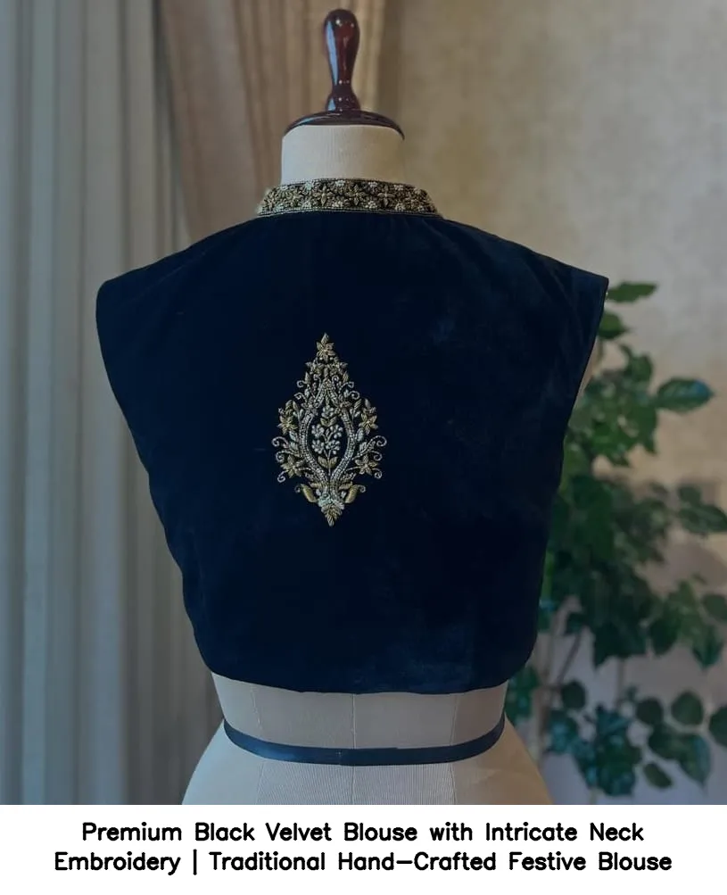 Premium Black Velvet Blouse with Intricate Neck Embroidery | Traditional Hand-Crafted Festive Blouse 2