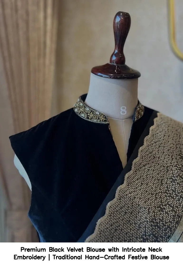 Premium Black Velvet Blouse with Intricate Neck Embroidery | Traditional Hand-Crafted Festive Blouse 3