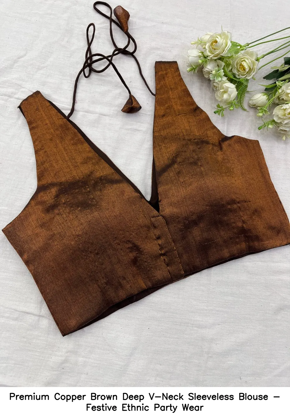 Premium Copper Brown Deep V-Neck Sleeveless Blouse - Festive Ethnic Party Wear 2