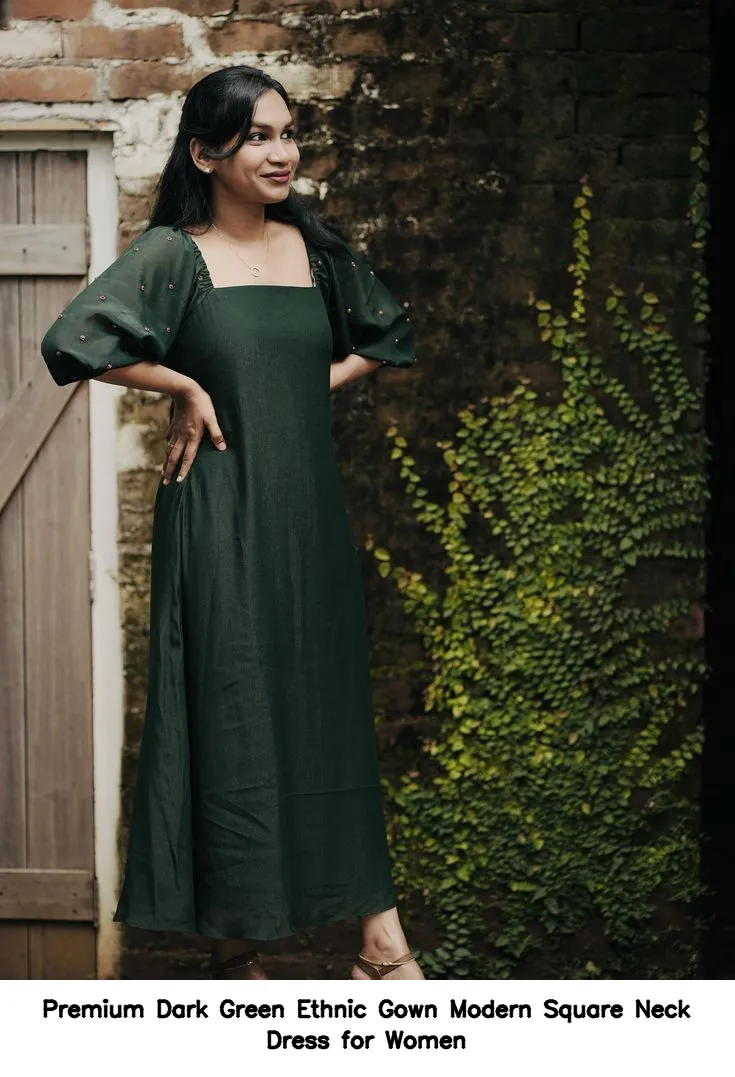 Premium Dark Green Ethnic Gown – Modern Square Neck Dress for Women 2