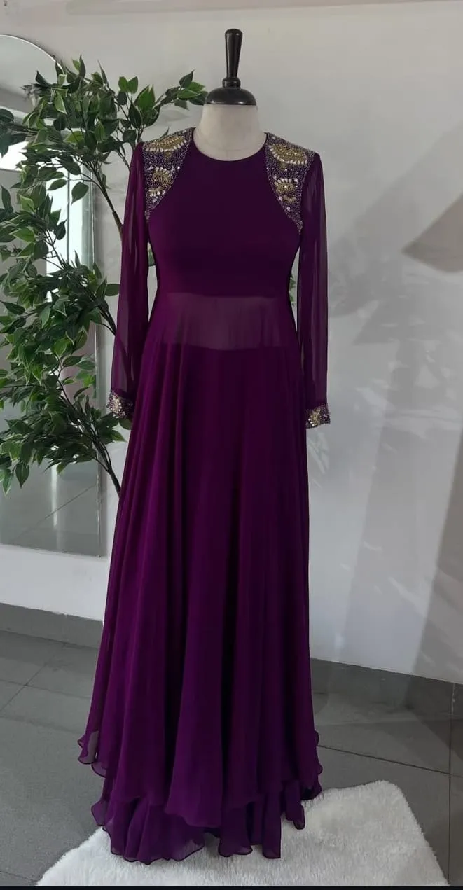 Premium Deep Purple Georgette Gown for Women - Wedding & Reception Party Wear