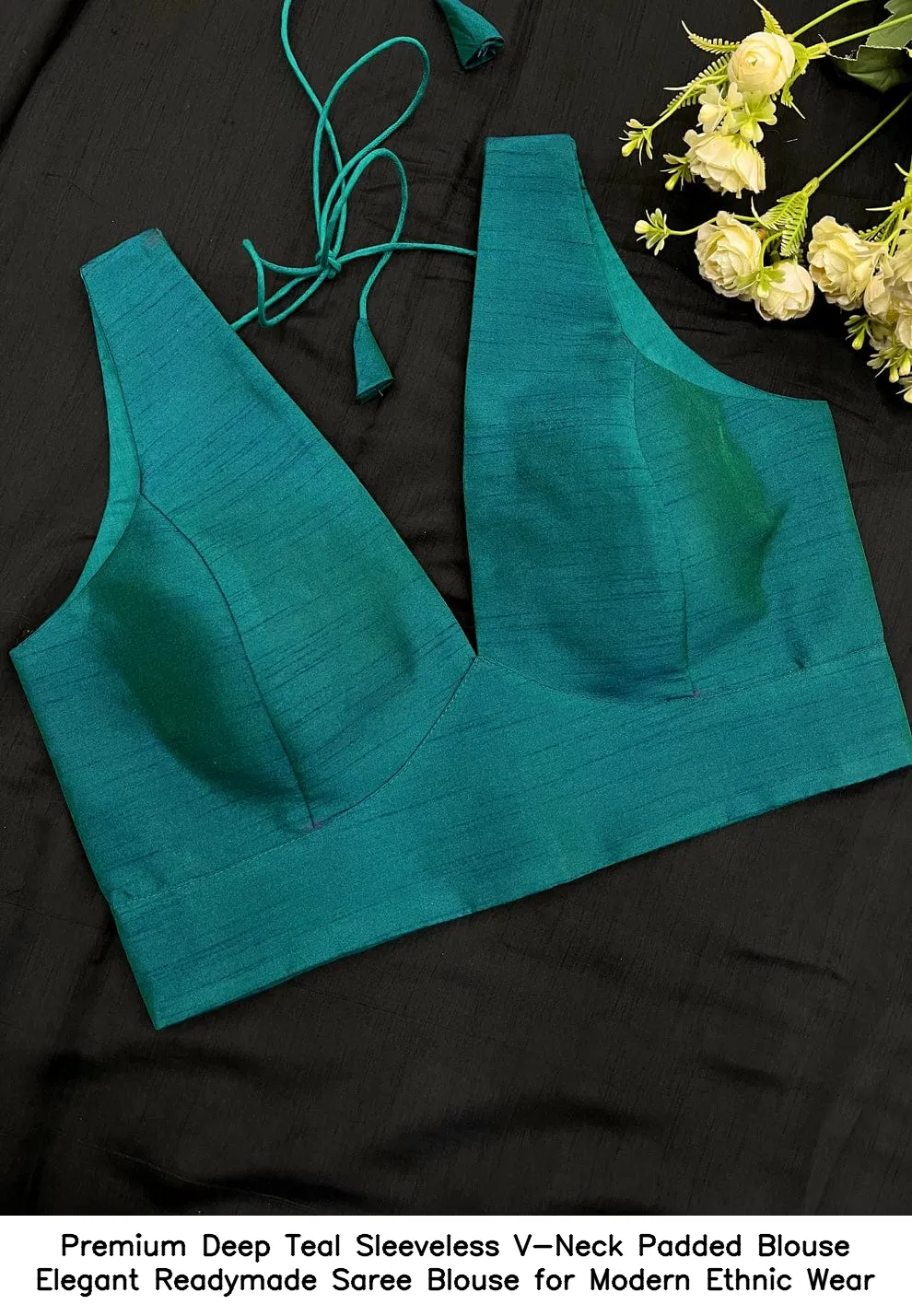 Premium Deep Teal Sleeveless V-Neck Padded Blouse – Elegant Readymade Saree Blouse for Modern Ethnic Wear 2