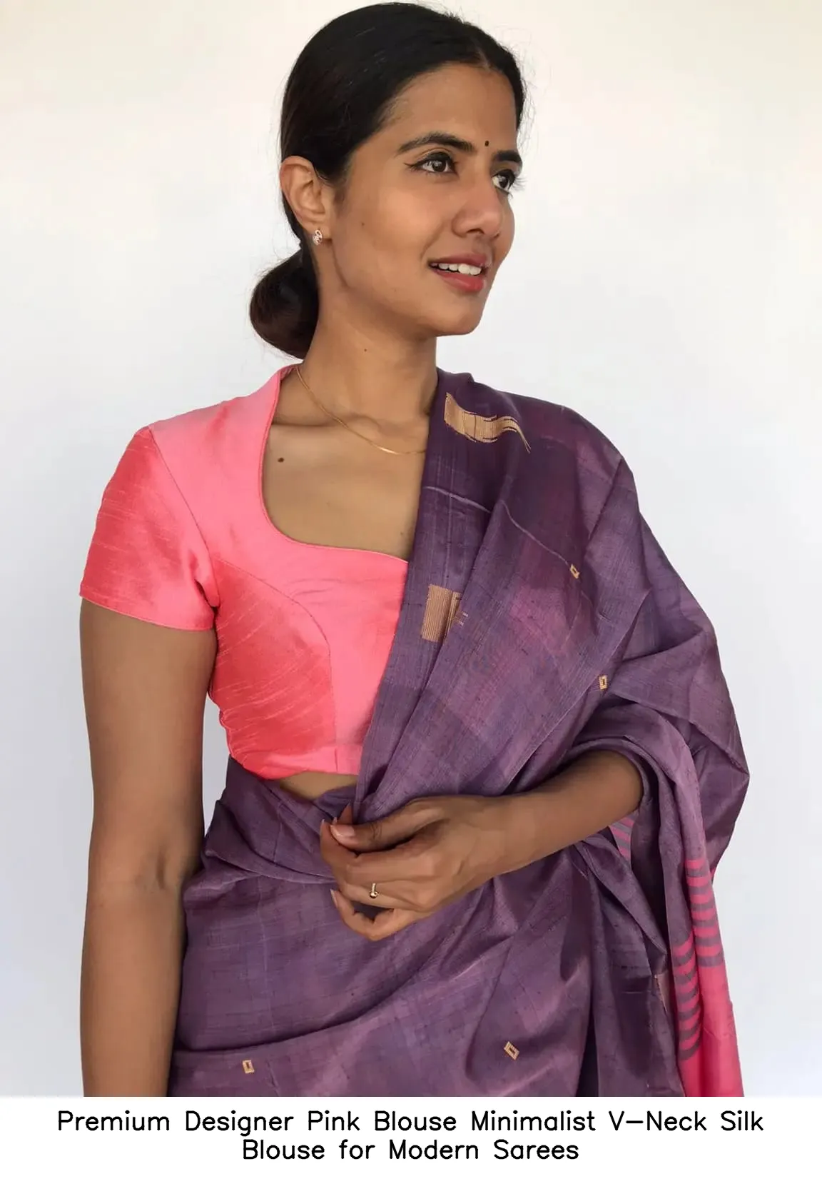 Premium Designer Pink Blouse – Minimalist V-Neck Silk Blouse for Modern Sarees 2