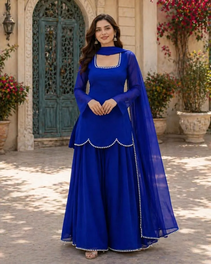 Premium Designer Sharara Set with Scallop Hem & Pearl Work | Exclusive Ethnic Collection