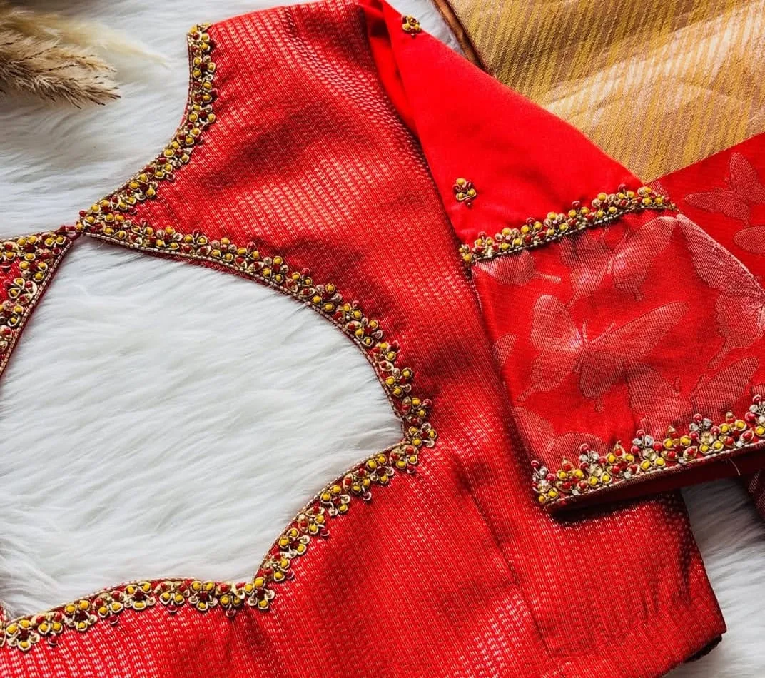 Premium Embroidered Silk Saree Blouse | Designer Red Festive Collection