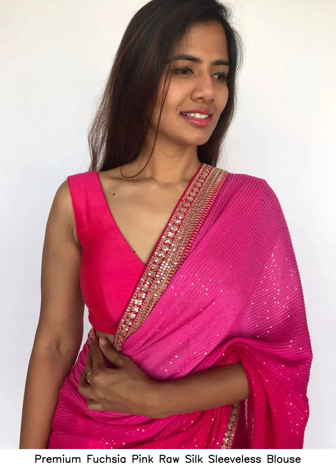 Premium Fuchsia Pink Raw Silk Sleeveless Blouse 2