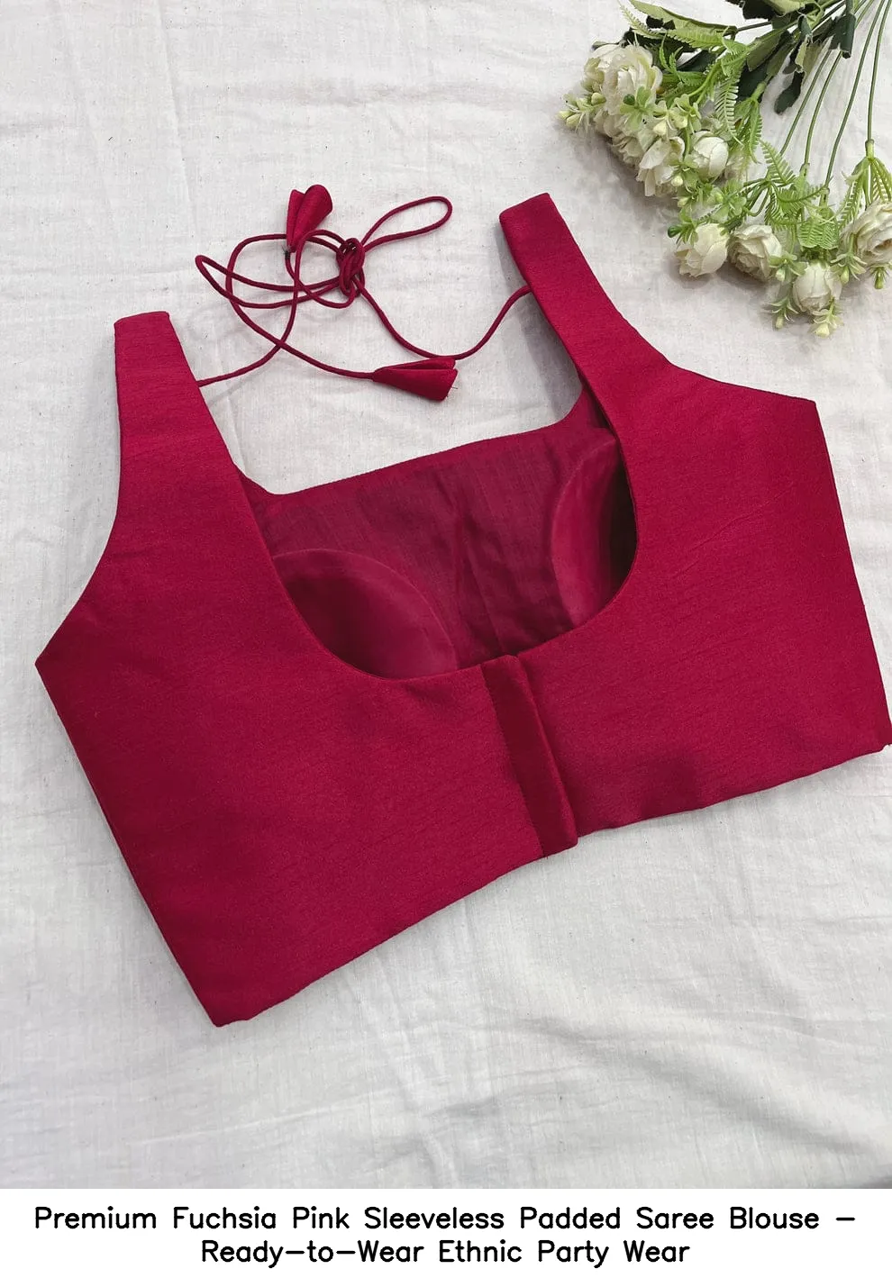 Premium Fuchsia Pink Sleeveless Padded Saree Blouse - Ready-to-Wear Ethnic Party Wear 3