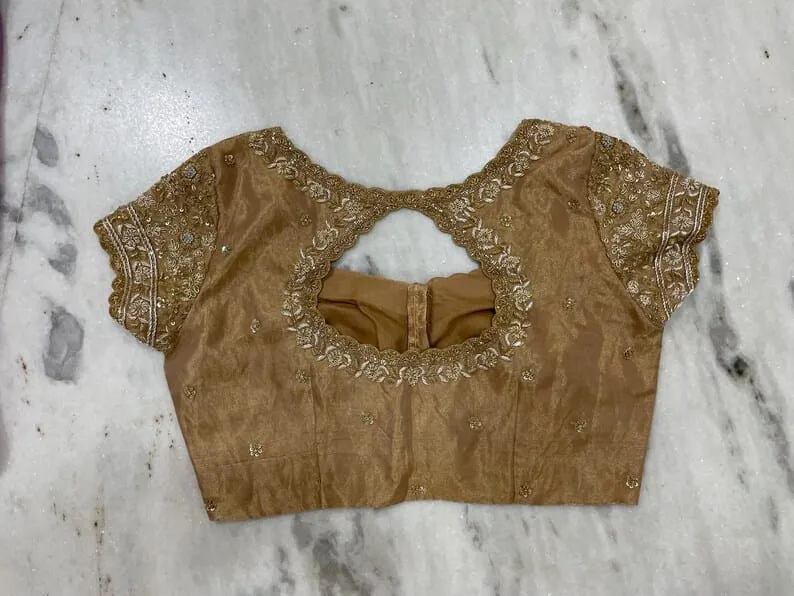 Premium Golden Beige Hand-Embroidered Blouse with Scalloped Back