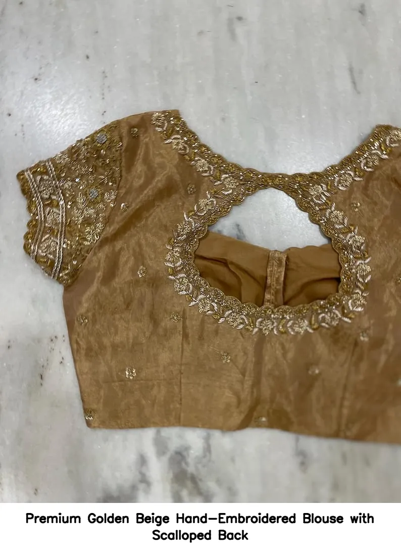 Premium Golden Beige Hand-Embroidered Blouse with Scalloped Back 2