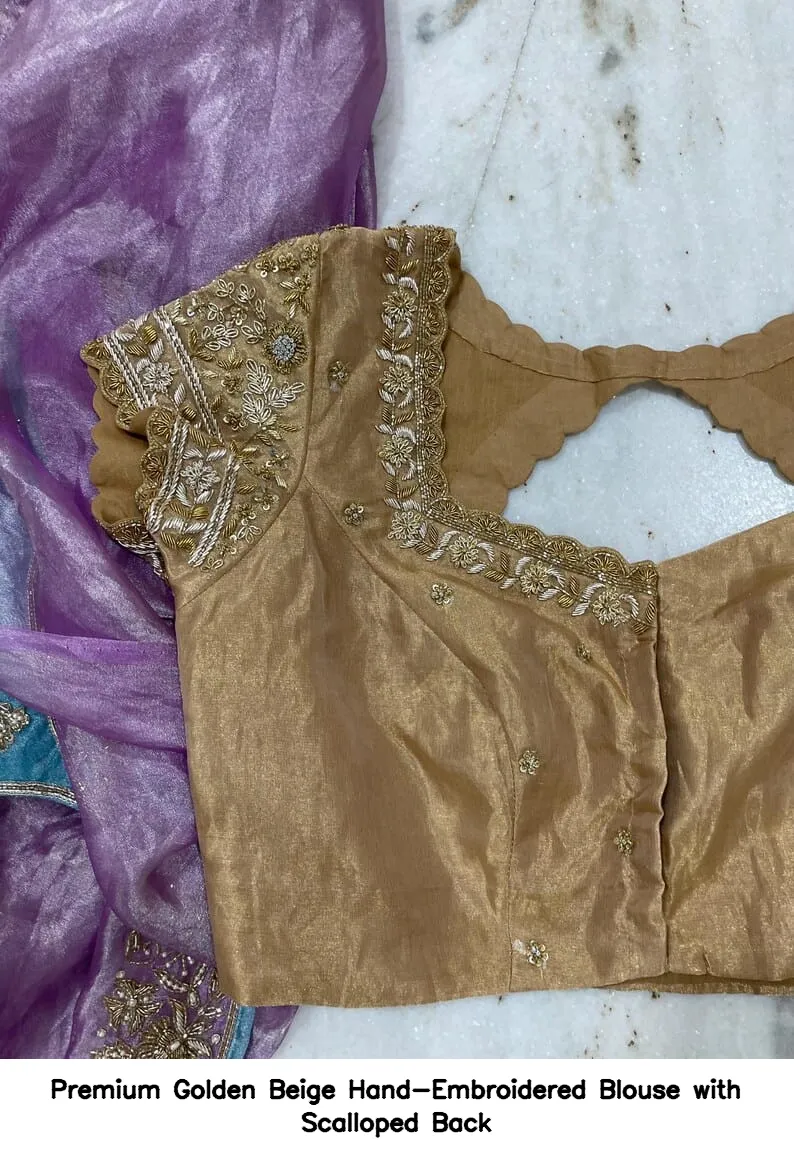 Premium Golden Beige Hand-Embroidered Blouse with Scalloped Back 3