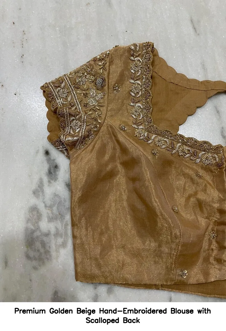 Premium Golden Beige Hand-Embroidered Blouse with Scalloped Back 4