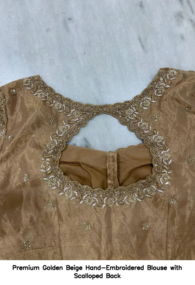 Premium Golden Beige Hand-Embroidered Blouse with Scalloped Back 5