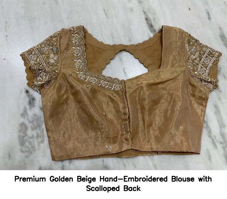 Premium Golden Beige Hand-Embroidered Blouse with Scalloped Back 6