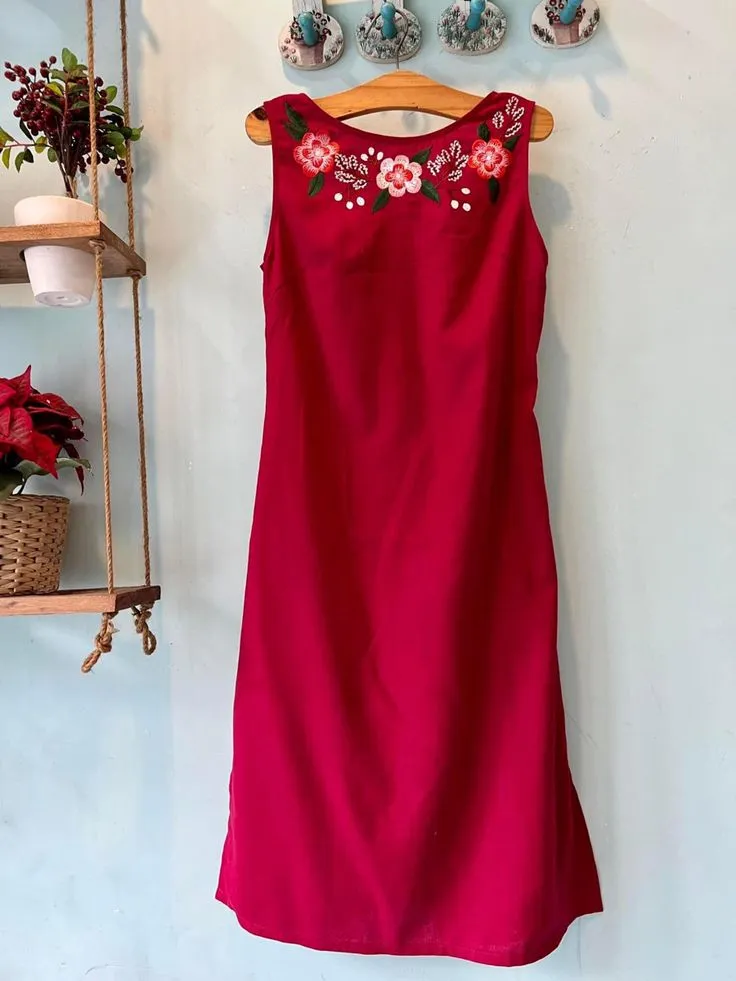 Premium Hand-Embroidered Red Midi Dress – Chic Summer Casual Ethnic Fusion