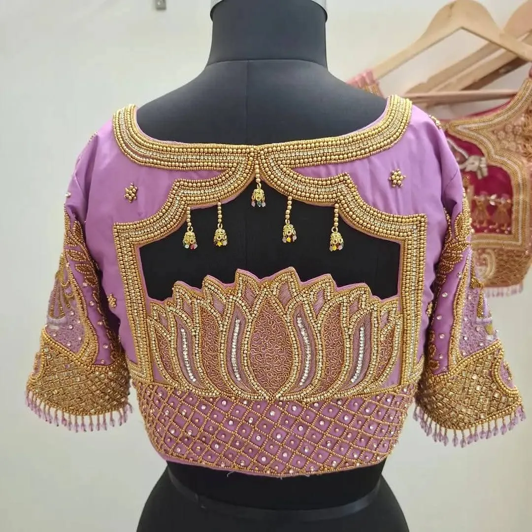 Premium Lavender Aari Work Bridal Blouse with Intricate Lotus Motif & Customized Sleeve Detail