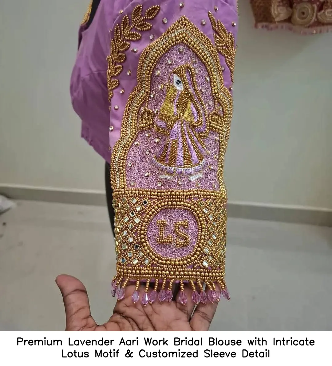 Premium Lavender Aari Work Bridal Blouse with Intricate Lotus Motif & Customized Sleeve Detail 2