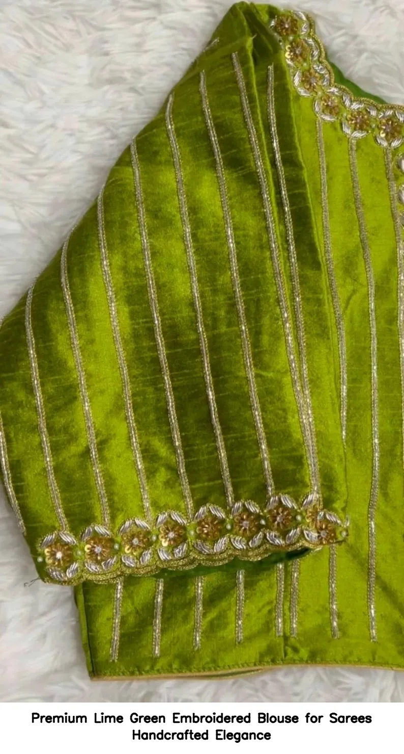Premium Lime Green Embroidered Blouse for Sarees – Handcrafted Elegance 3
