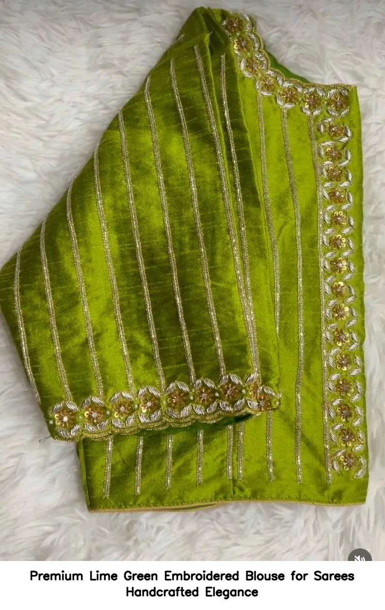 Premium Lime Green Embroidered Blouse for Sarees – Handcrafted Elegance 5