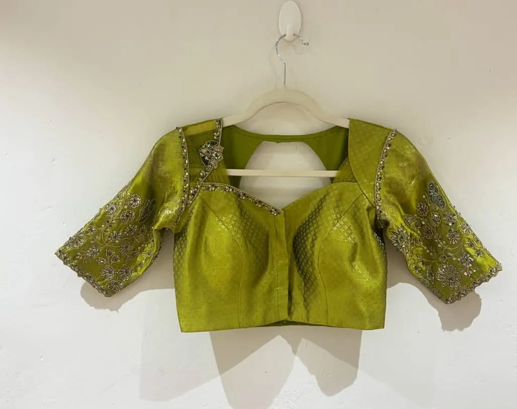 Premium Lime Green Silk Blouse with Intricate Hand Embroidery & Cut-Out Back