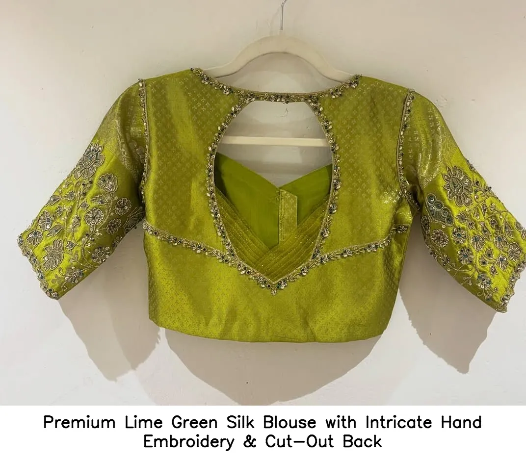 Premium Lime Green Silk Blouse with Intricate Hand Embroidery & Cut-Out Back 2