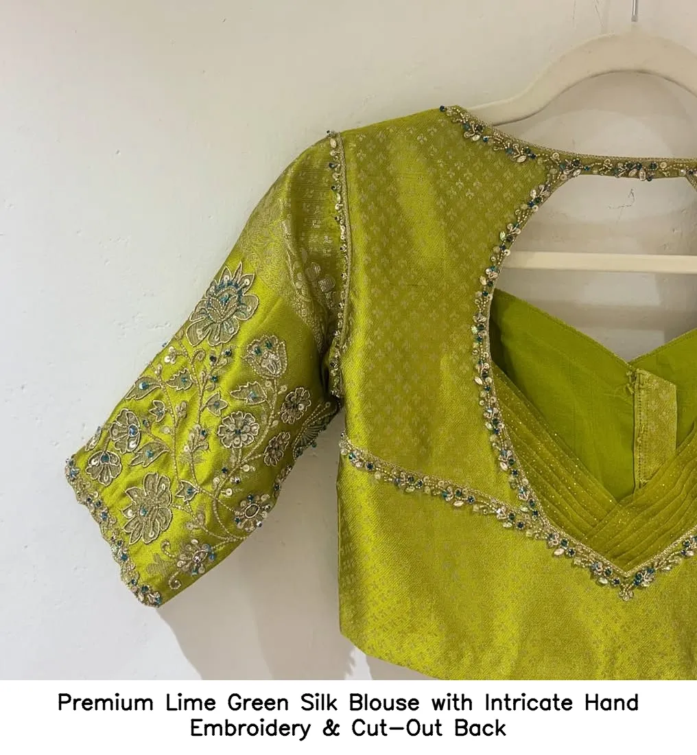 Premium Lime Green Silk Blouse with Intricate Hand Embroidery & Cut-Out Back 3