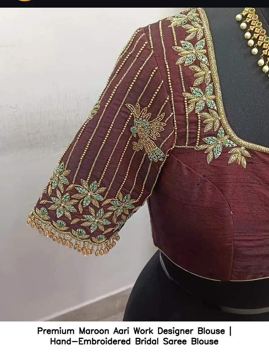 Premium Maroon Aari Work Designer Blouse | Hand-Embroidered Bridal Saree Blouse 2