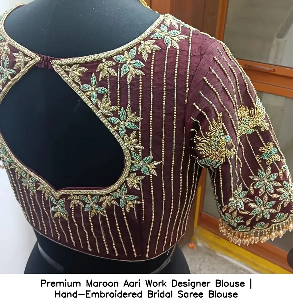 Premium Maroon Aari Work Designer Blouse | Hand-Embroidered Bridal Saree Blouse 3