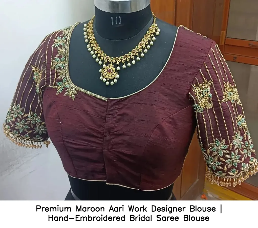 Premium Maroon Aari Work Designer Blouse | Hand-Embroidered Bridal Saree Blouse 4