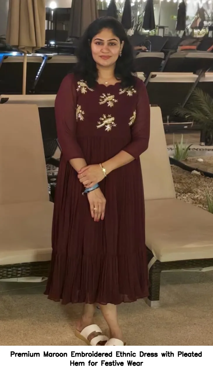 Premium Maroon Embroidered Ethnic Dress with Pleated Hem for Festive Wear 2