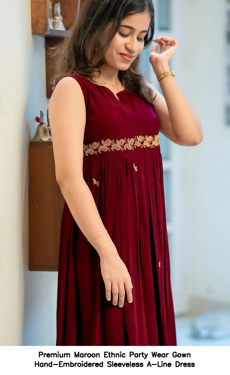 Premium Maroon Ethnic Party Wear Gown – Hand-Embroidered Sleeveless A-Line Dress 2