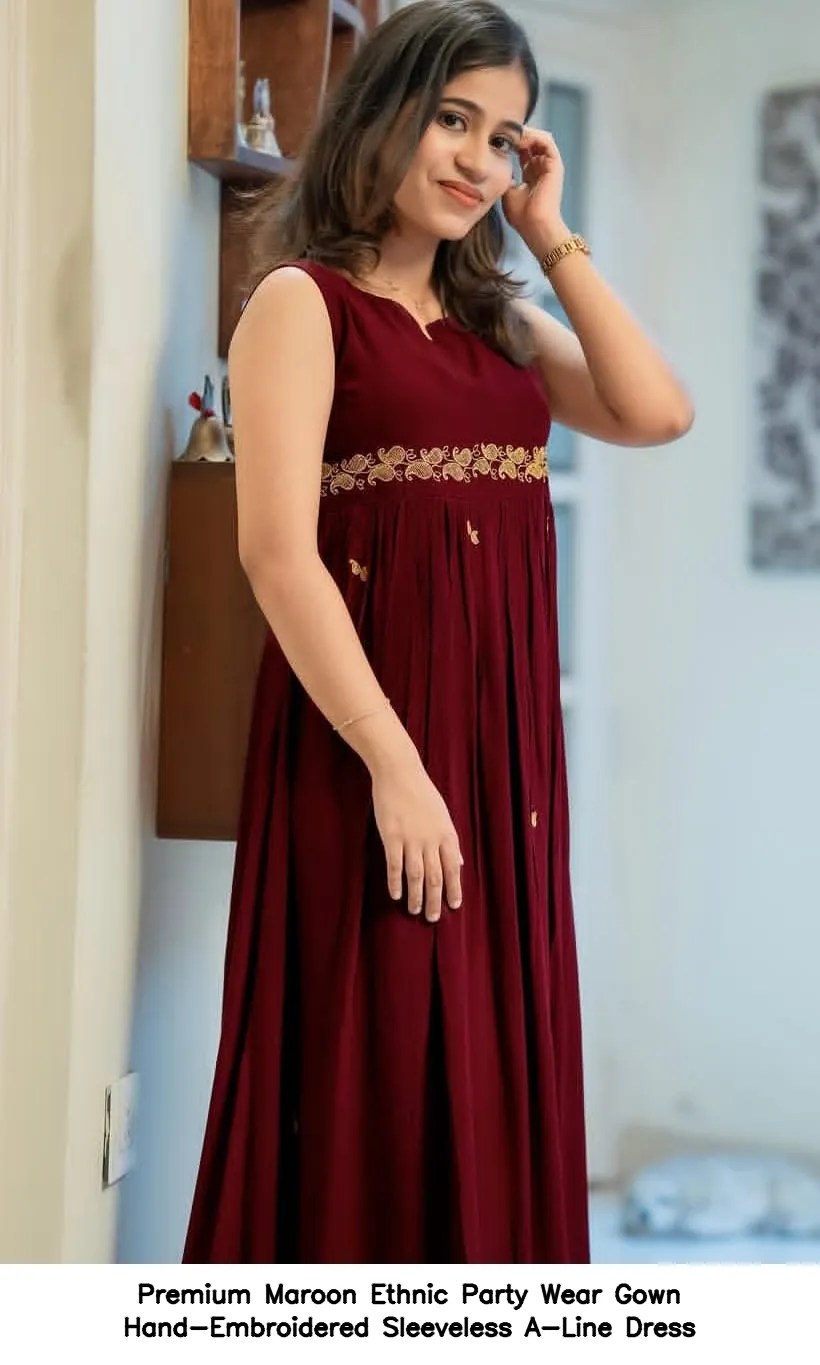 Premium Maroon Ethnic Party Wear Gown – Hand-Embroidered Sleeveless A-Line Dress 3