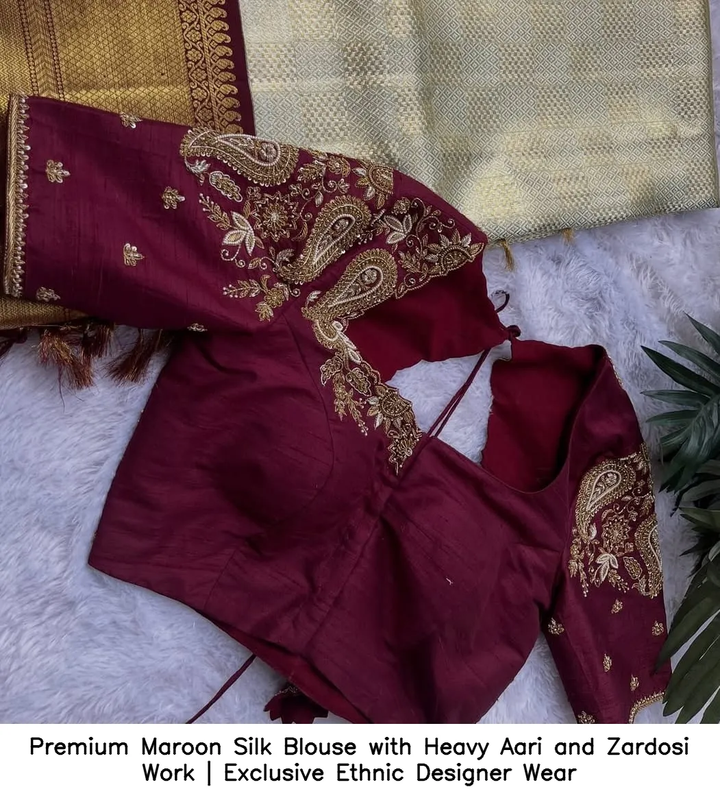 Premium Maroon Silk Blouse with Heavy Aari and Zardosi Work | Exclusive Ethnic Designer Wear 4