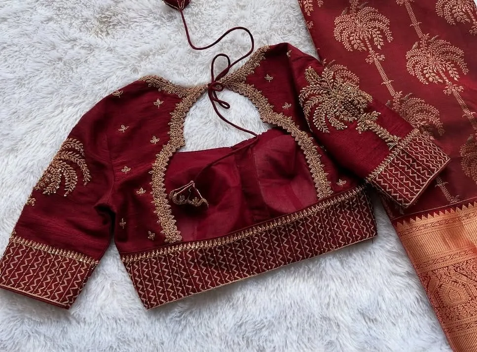 Premium Maroon Silk Designer Blouse with Hand-Embroidered Aari & Zardosi Work 1