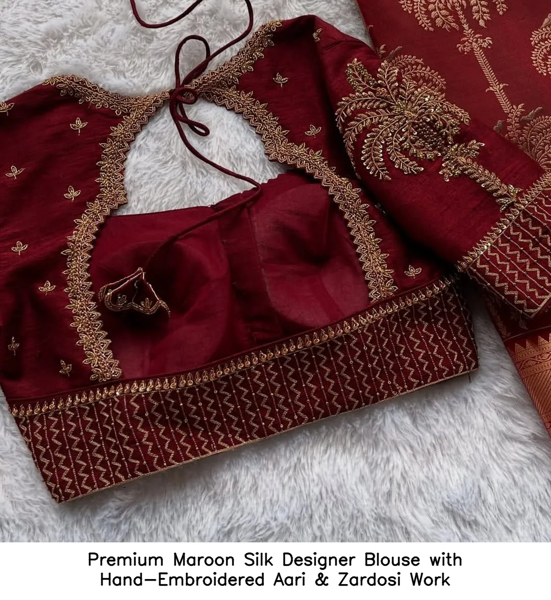 Premium Maroon Silk Designer Blouse with Hand-Embroidered Aari & Zardosi Work 3