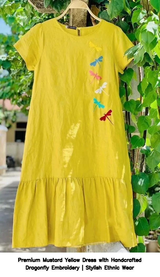 Premium Mustard Yellow Dress with Handcrafted Dragonfly Embroidery | Stylish Ethnic Wear