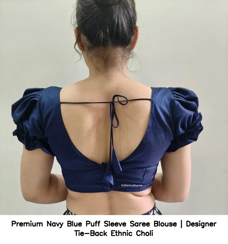 Premium Navy Blue Puff Sleeve Saree Blouse | Designer Tie-Back Ethnic Choli 2