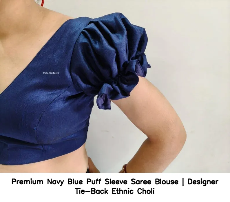 Premium Navy Blue Puff Sleeve Saree Blouse | Designer Tie-Back Ethnic Choli 3