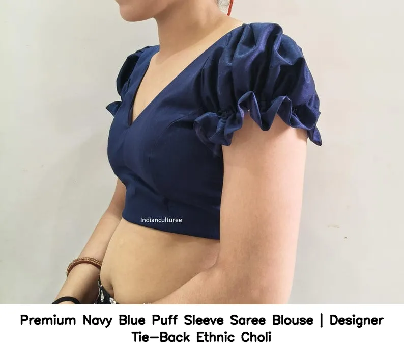Premium Navy Blue Puff Sleeve Saree Blouse | Designer Tie-Back Ethnic Choli 4